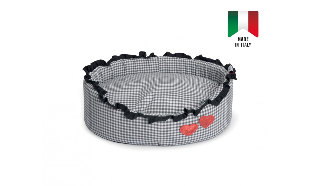 Cuna para perro redonda de algodón cuadrados gris